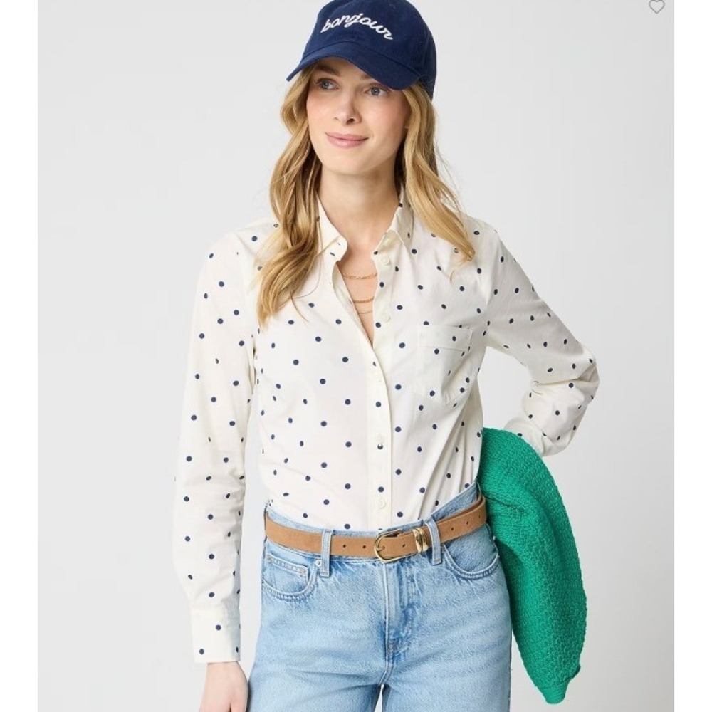 J Crew Top Womens Large Ivory Navy Polka Dot Signature Fit Cotton Shirt BT991